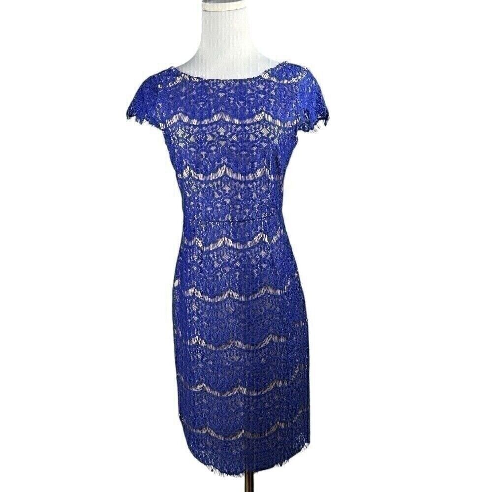 Darling Eyelash Lace Sheath Dress XS Blue Beige Cocktail Cap Sleeve